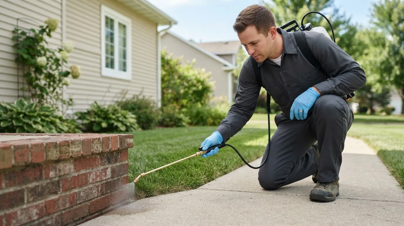 Pest control technician treating a home near Steuben, ME